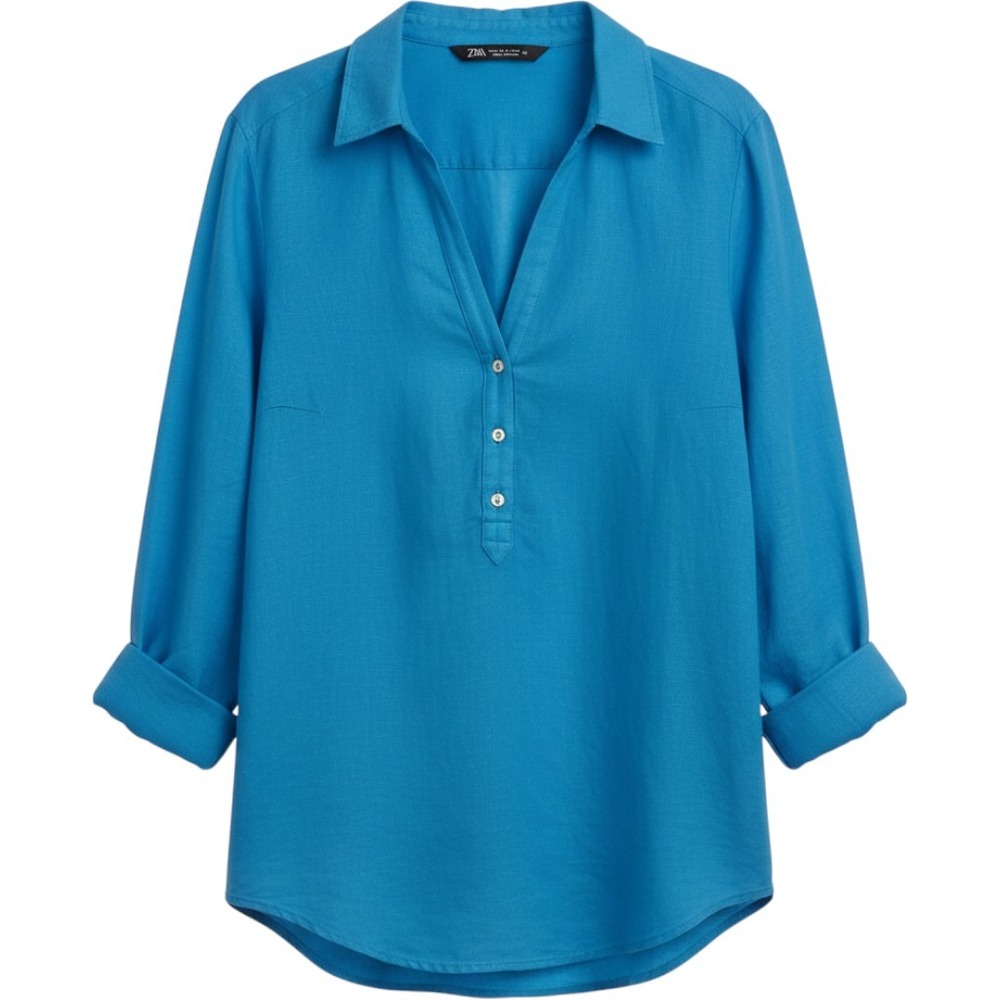 ZARA Womens Cobalt Blue Long Sleeve Collared Blouse Button Placket Size M